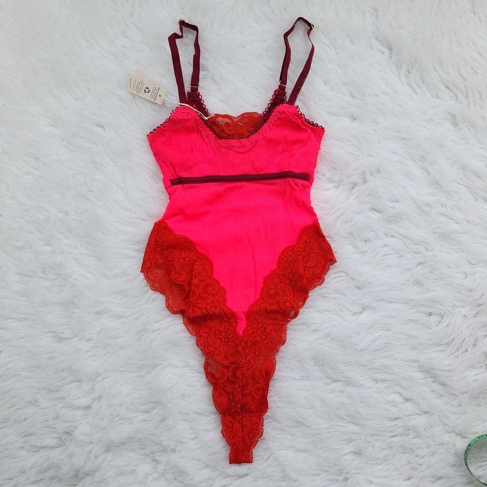 We are HAH -416 NWT Thanks‎ for Nothin Bodysuit Lava/Hala Hot Pink Red Lace XS